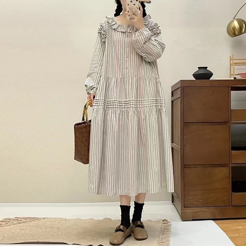 Johnature Japanese Fungus Stripe Pressed Dress 2025 Spring New Loose Patchwork Ruffles Mori Casual Women Dresses