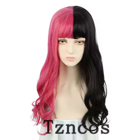 Tzncos Long Wavy Pink And Black Two Tone Cosplay Wig Halloween Anime Costume Synthetic Wig Heat Resistant Wig