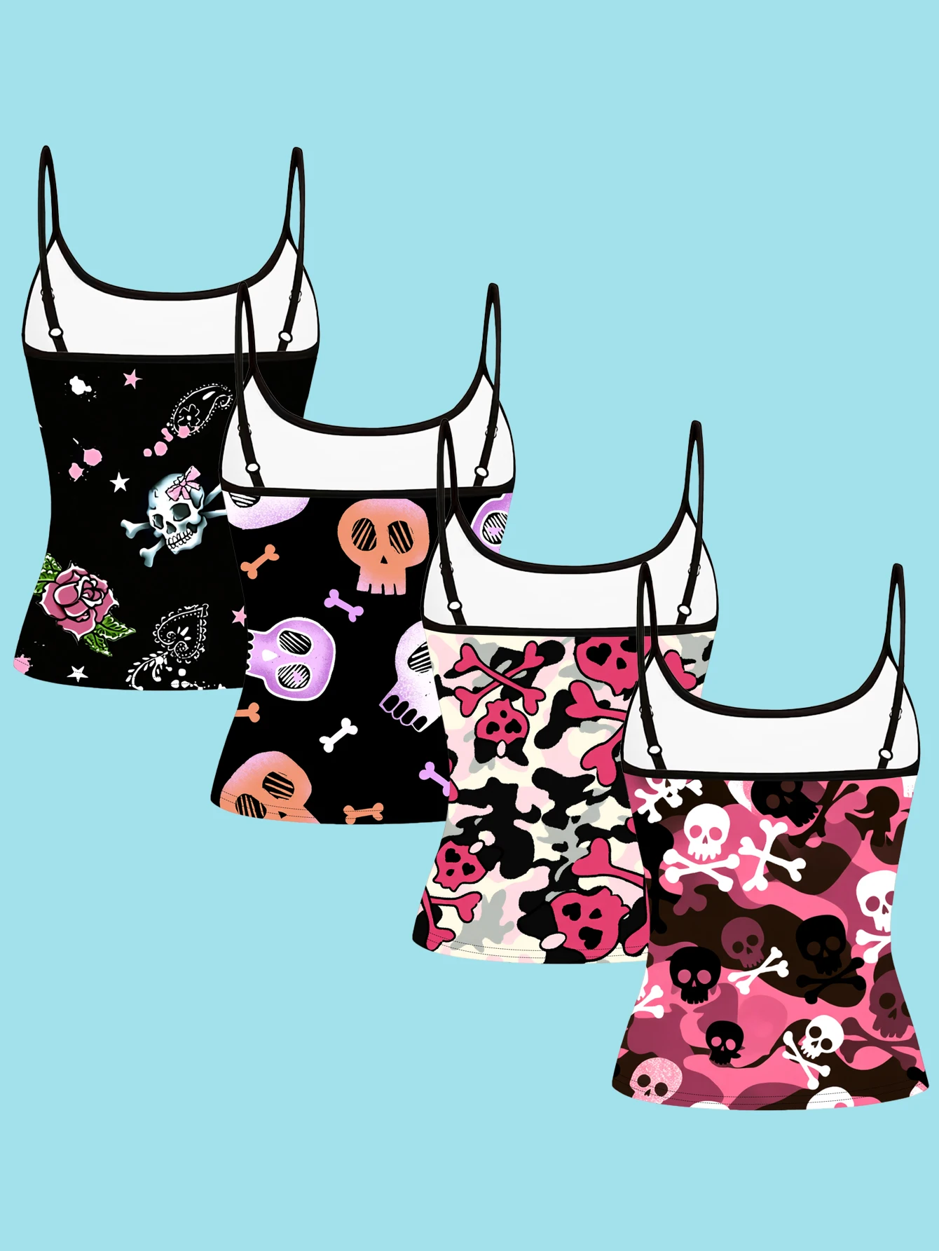 4-Piece Set of Black and Pink Sweet Cool Skeleton Rose Camisole for Women Y2K Camouflage Bowknot Bone Star Slim-Fit Spaghetti Strap Top