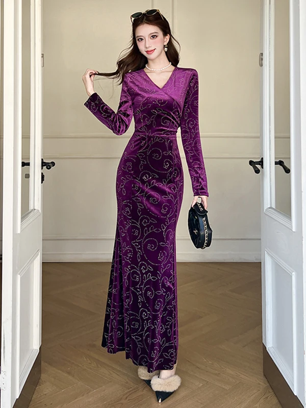 

Элегантное фиолетовое бархатное женское платье с V-образным вырезом и длинными рукавами, приталенное, для офиса и вечеринок, модное, универсальное, бальное платье