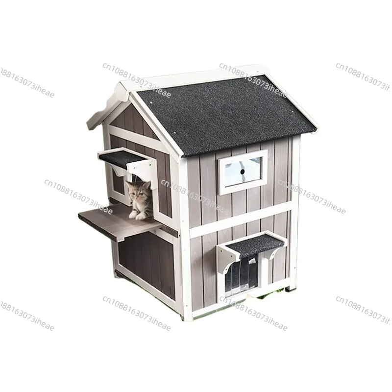 Outdoor cat house solid wood double-layer luxury cat room villa rainproof stray cat house courtyard indoor and outdoor universal