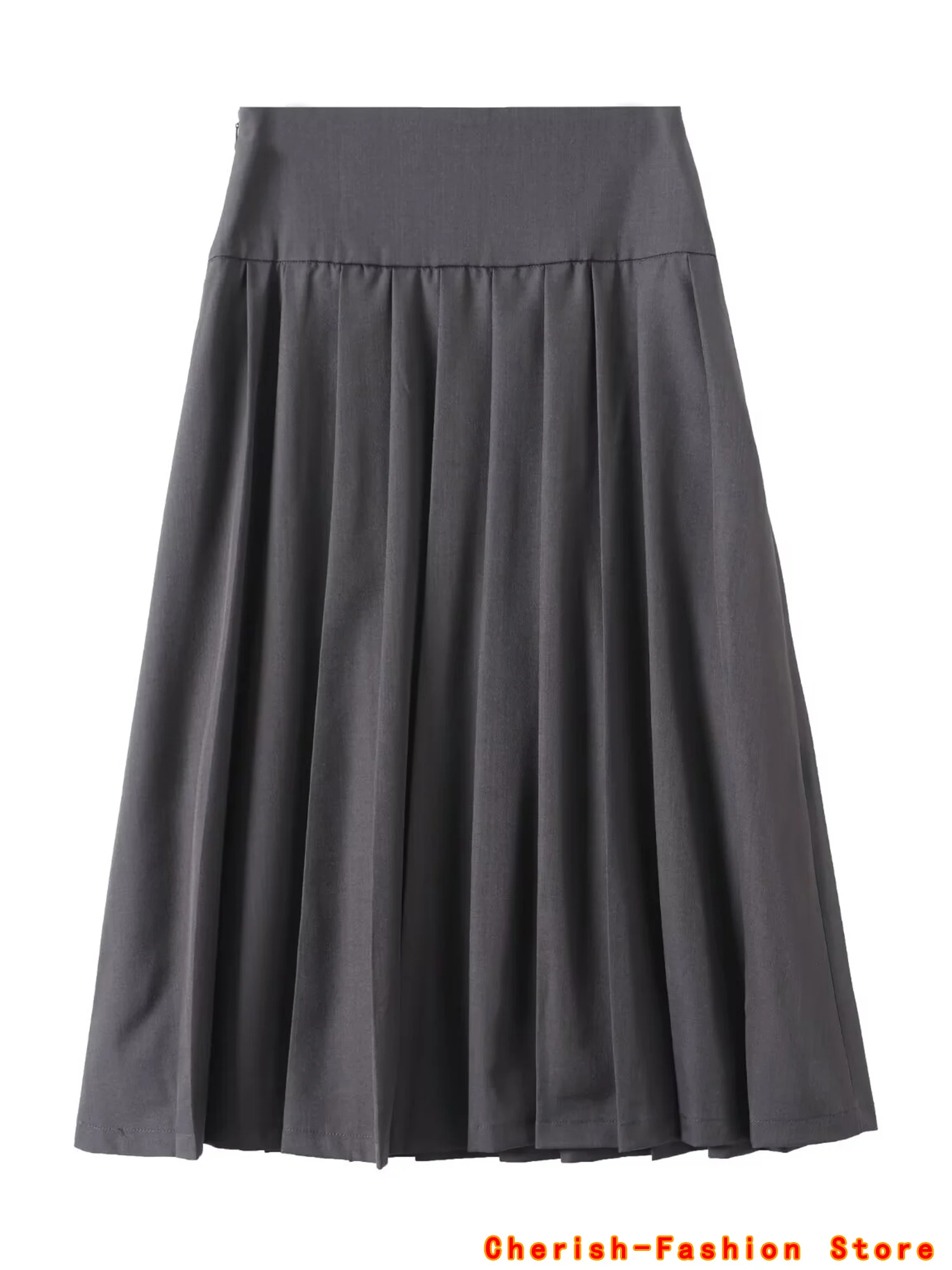 2025 Women Grey Long A-LINE Skirts Zipper Waist Spring New Office Lady Solid Twill Skirt Pleated Umbrella Skirt Skirt Ruffled
