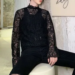 Fashion Round Neck Lace Clothes 2023 Summer Long Sleeve Hollow Breathable Bottoming Shirt Men's Thin Style Personality T-shirt