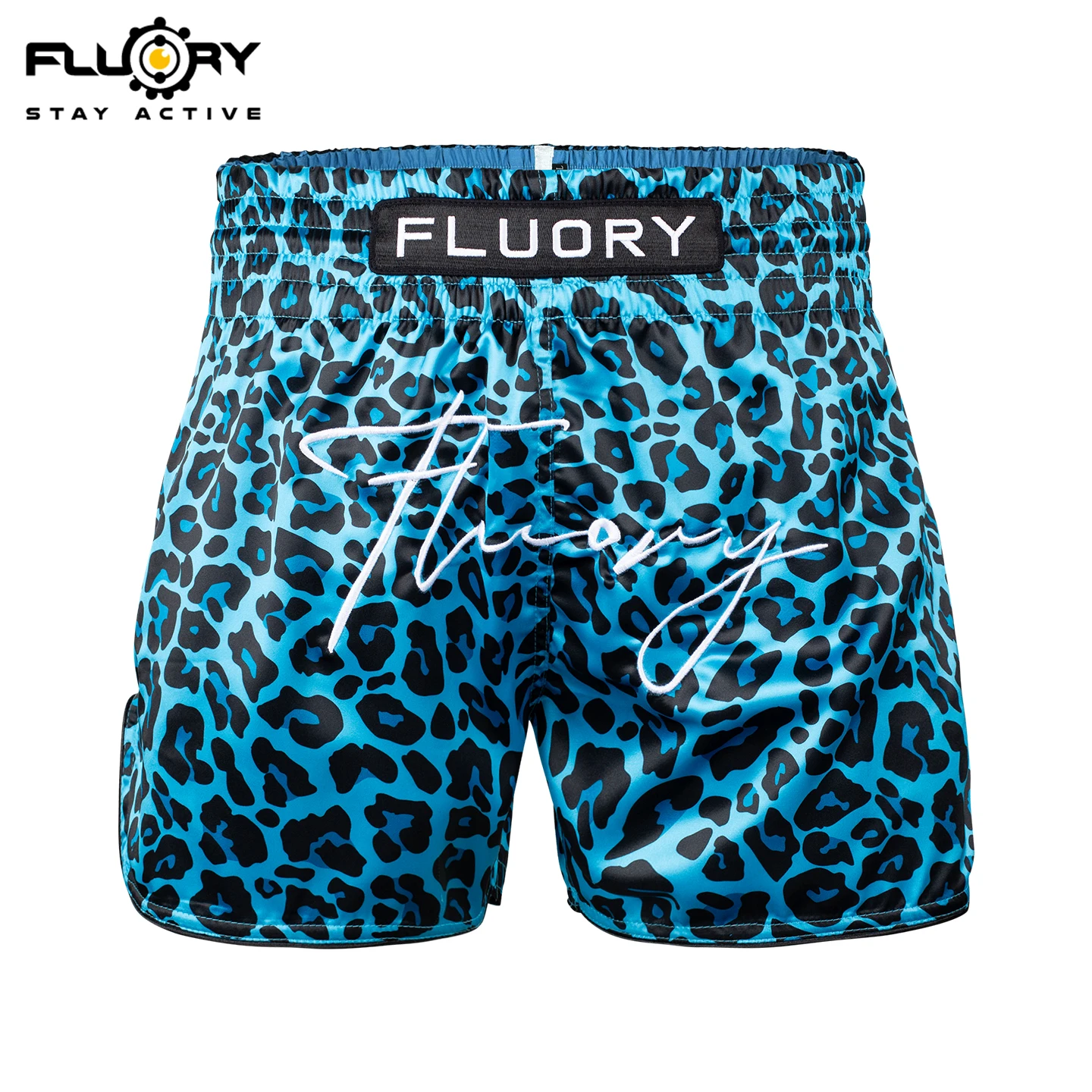 FLUORY Muay Thai shorts, blue leopard print embroidery, comfortable boxing training, classic pants boxing shorts Muay Thai short