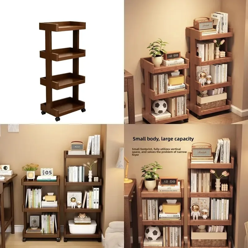 Brown Solid Wood Freestanding 4 Tier Bookshelf Storage Rack with Wheels Removable Shelf for Bedside Living Room Home