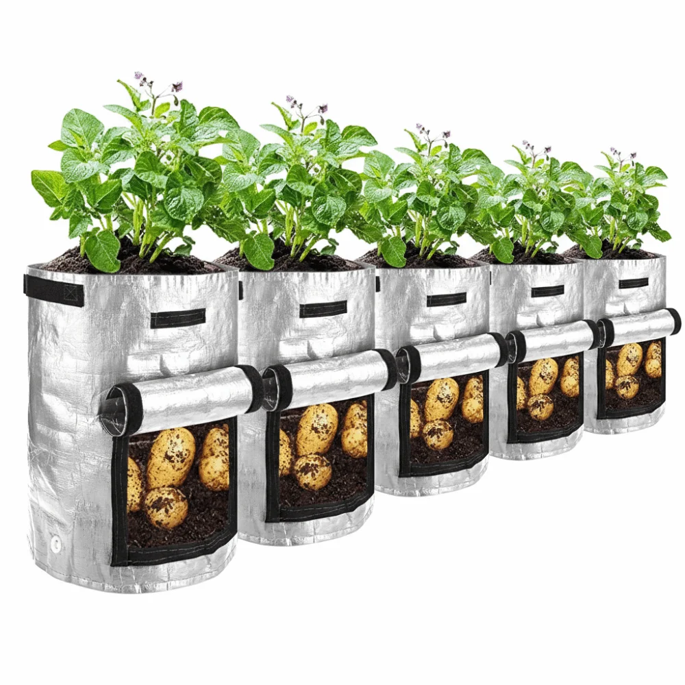 5PCS 7 /10 Gallon Potato Grow Bag Reusable with Flap Garden Planting Bag Grey Waterproof Grow Bag for Plants