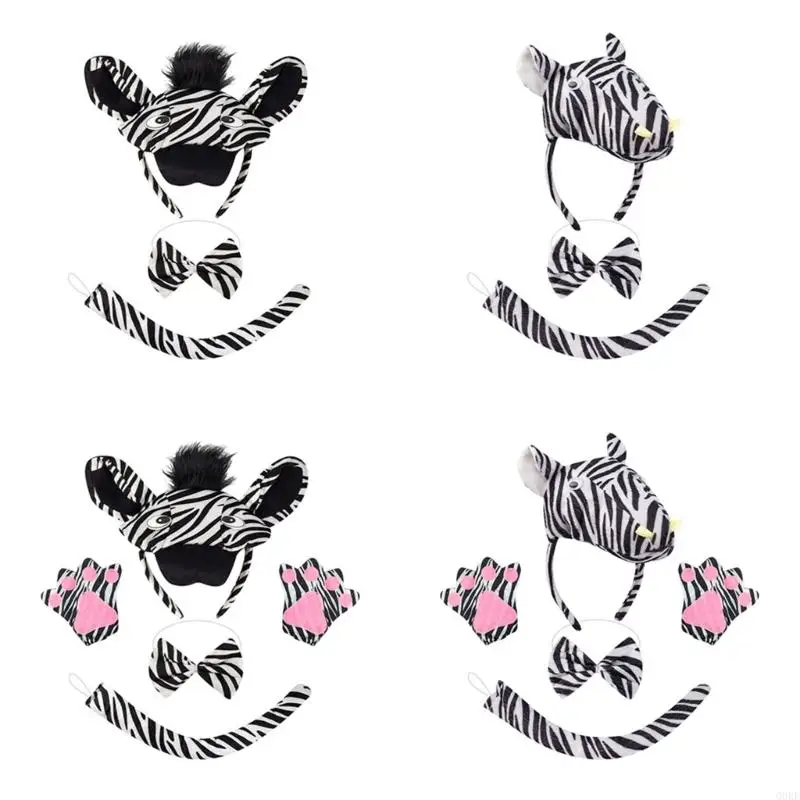 

Q0KE Zebras Costume Set Zebras Ears and Tail Bowtie Gloves Animal Fancy Costume Accessories for Halloween Cosplay Party