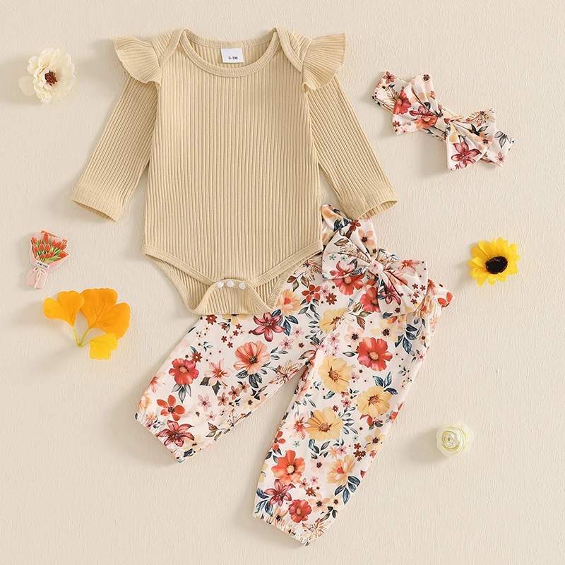

SUNSIOM 0-24 Months Baby Girls Fall Outfits Long Sleeve Ribbed Romper Bow Front Pants Headband Set Newborn Clothes