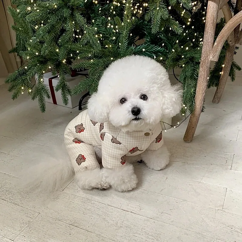 Winter Warm Dog Clothes Tractable Pet Four-legged Cotton Coat Thickened Teddy Jumpsuits Clothes Bichon Full Print Bear Down Coat