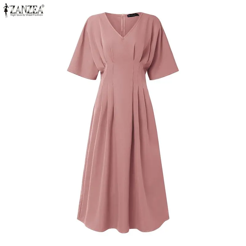 Elegantes Midi-Kleid für Damen im A-Linien-Stil, V-Ausschnitt, halbe Ärmel, plissiert, taillierte lange Kleider, ZANZEA, Sommerurlaub, Freizeitkleider