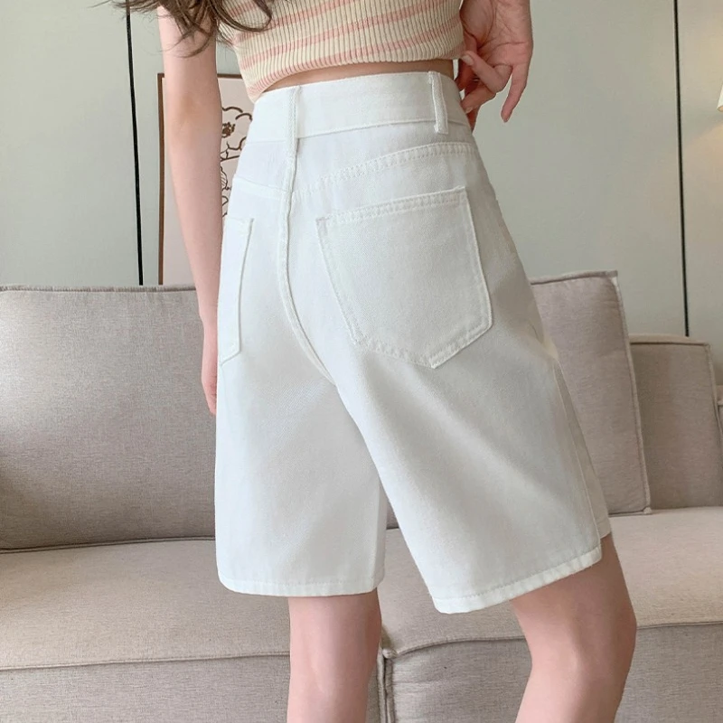 Solid Color Denim Shorts Women Summer High Waist Loose Thin Straight Leg Trousers Office Lady Versatile Casual Shorts Female