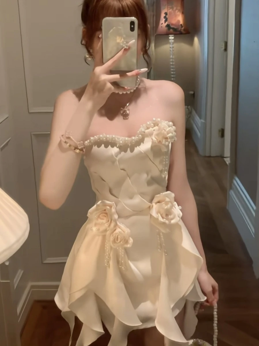 Bernier Champagne Luxury Heavy Work Birthday  Dress Tea Break Ballet Style Sweet Princess White Dress Short Sleeve Women'...
