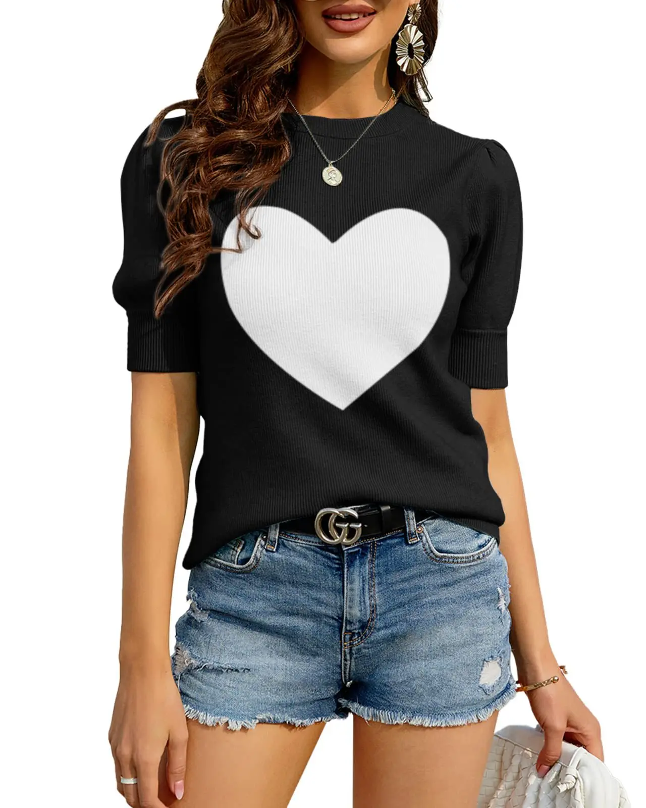 Damen Puffpullover Pullover Shirt Tops Rundhalsausschnitt Strickpullover Blusen