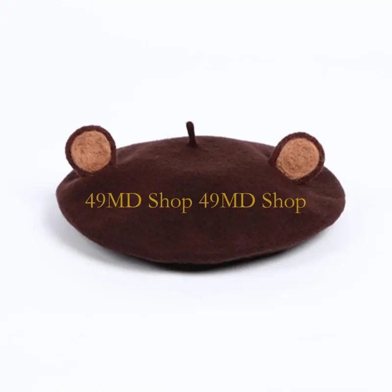 49MD Japanese Women Winter Autumn Faux Wool Hat 3D Brown Bear Ears Animal Vintage French Artist Painter