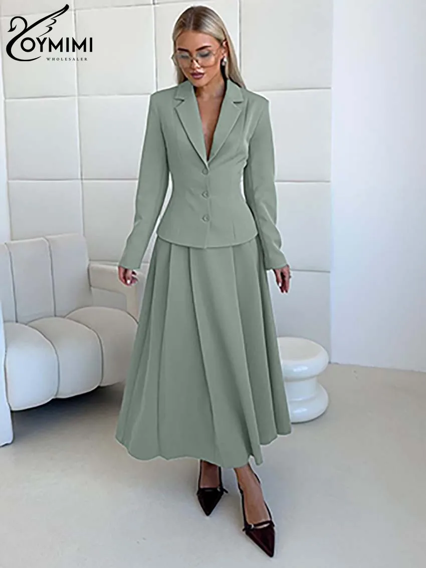 

Oymimi Fashion Green Two Piece Set For Women Elegant Long Sleeve Single Breasted Shirts And Pleated Ankle-Length Skirts Sets