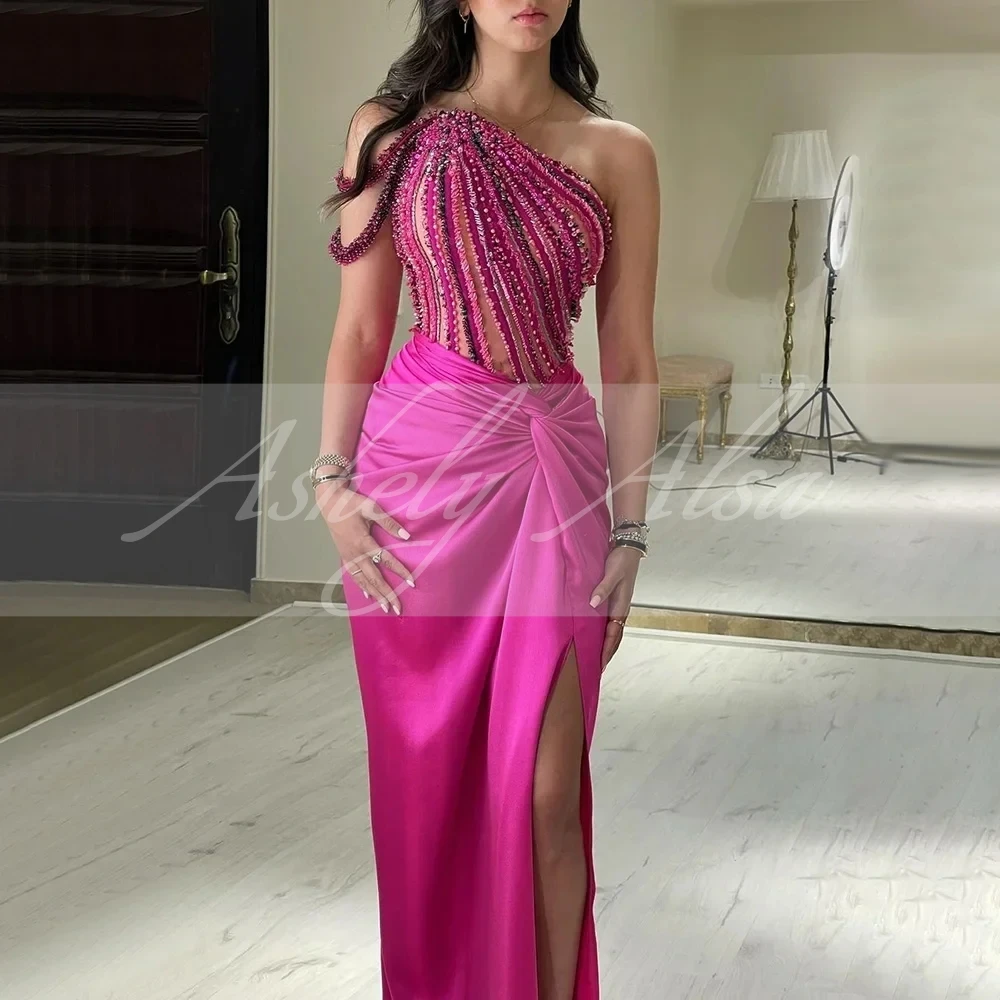 AA226 Custom Made Fuchsia One Shoulder Side Slit Mermaid Luxury Dubai Evening Gown Beaded Dress For Women's Party Formal Prom