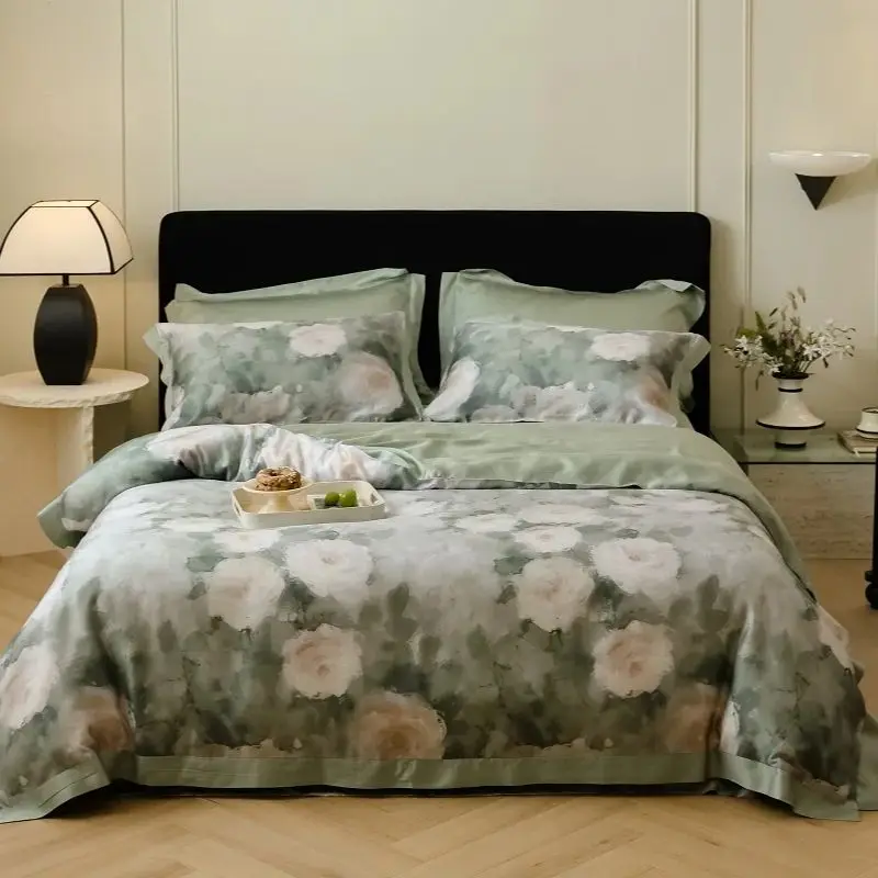

600TC Lyocell Soft Silky Cooling Summer Luxury Bedding Set Floral Plant Prints Duvet Cover Flat/Fitted Bed Sheet Pillowcase 4Pcs