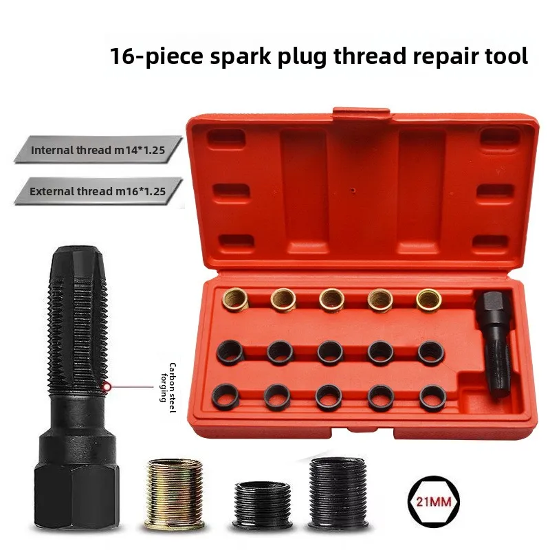 Spark Plug Thread Repair Tool Kit 16-Piece Tap and Die Set for Automotive Cylinder Head Recoil Rethreading High Carbon Steel