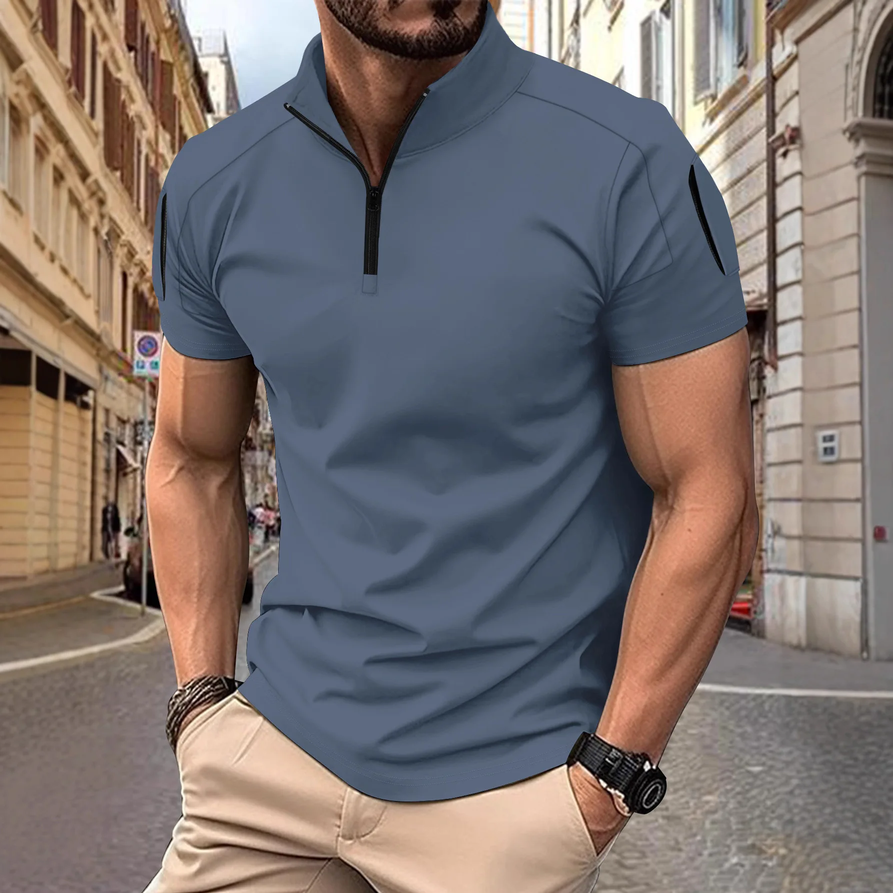 Men's Summer Daily Casual Tactical Training Splicing Arm Pocket Stand-up Collar Solid Color Short Sleeve Polo