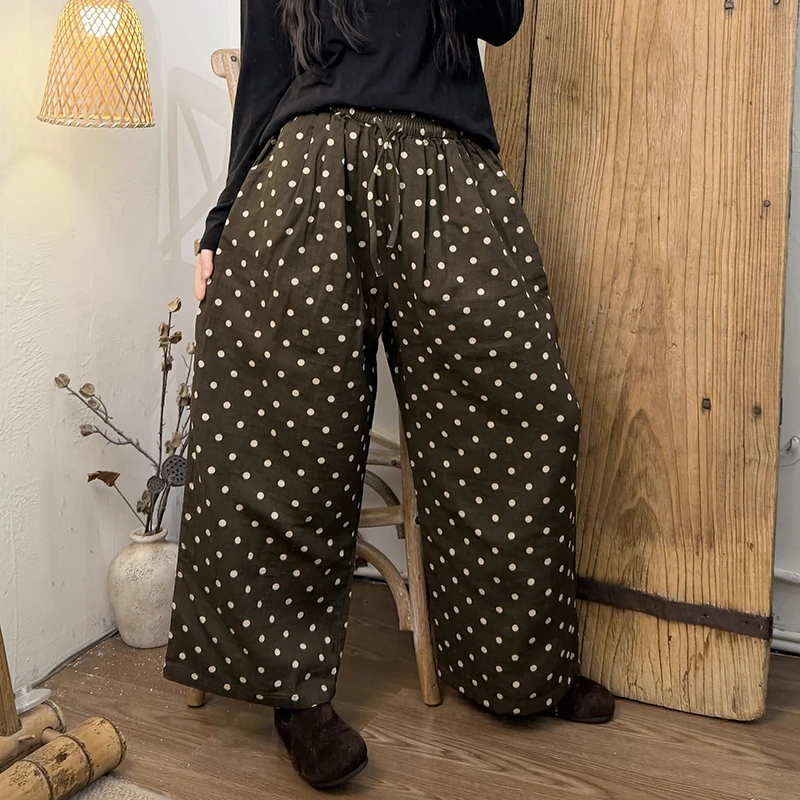100% Cotton Women Vintage Floral Print Wide Leg Pants Elastic Waist Drawstring Loose Baggy Trousers Casual Palazz Pants M2982