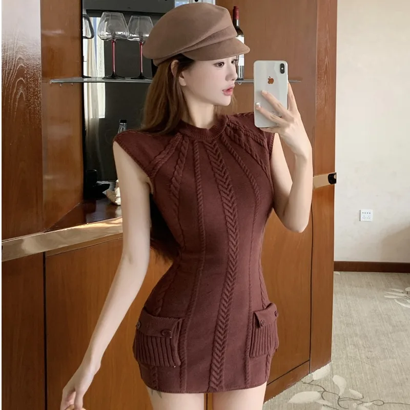 Slim Fit round Ne Twisted Waist ket Knit Dr Base Layer Wrap around Women's Faion Autumn Winter New Sle Casual Wear