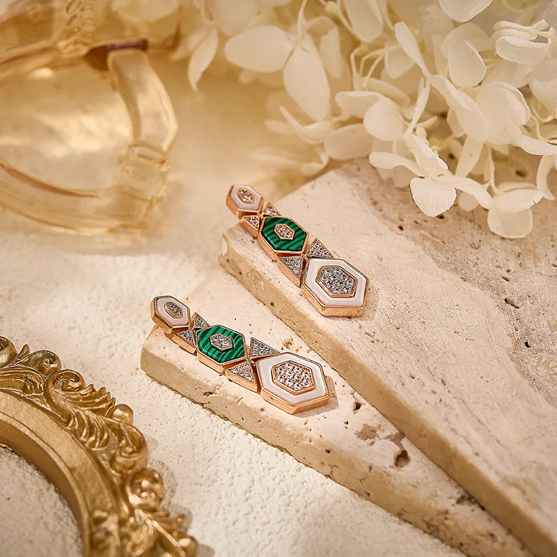 Designer Collection Style Long Stud Earrings Women Lady Inlay Cubic Zircon Mother Of Pearl Malachite Tassels Eardrop