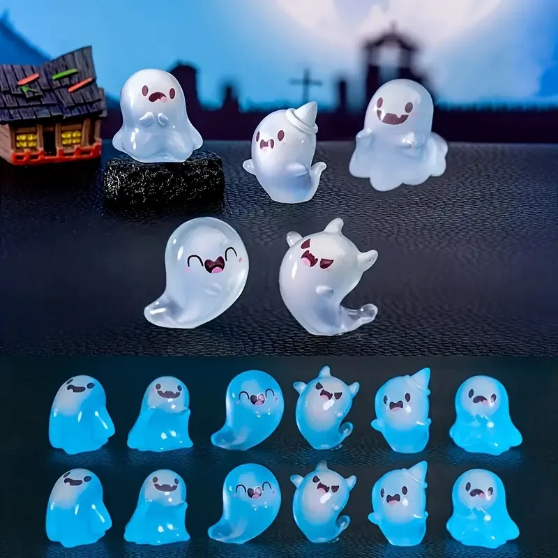 6Pcs Glowing Ghosts for Halloween Resin Decorations, Glowing Ghost Keychains, Doll Pendants, Glowing Elf Micro Landscape Decor