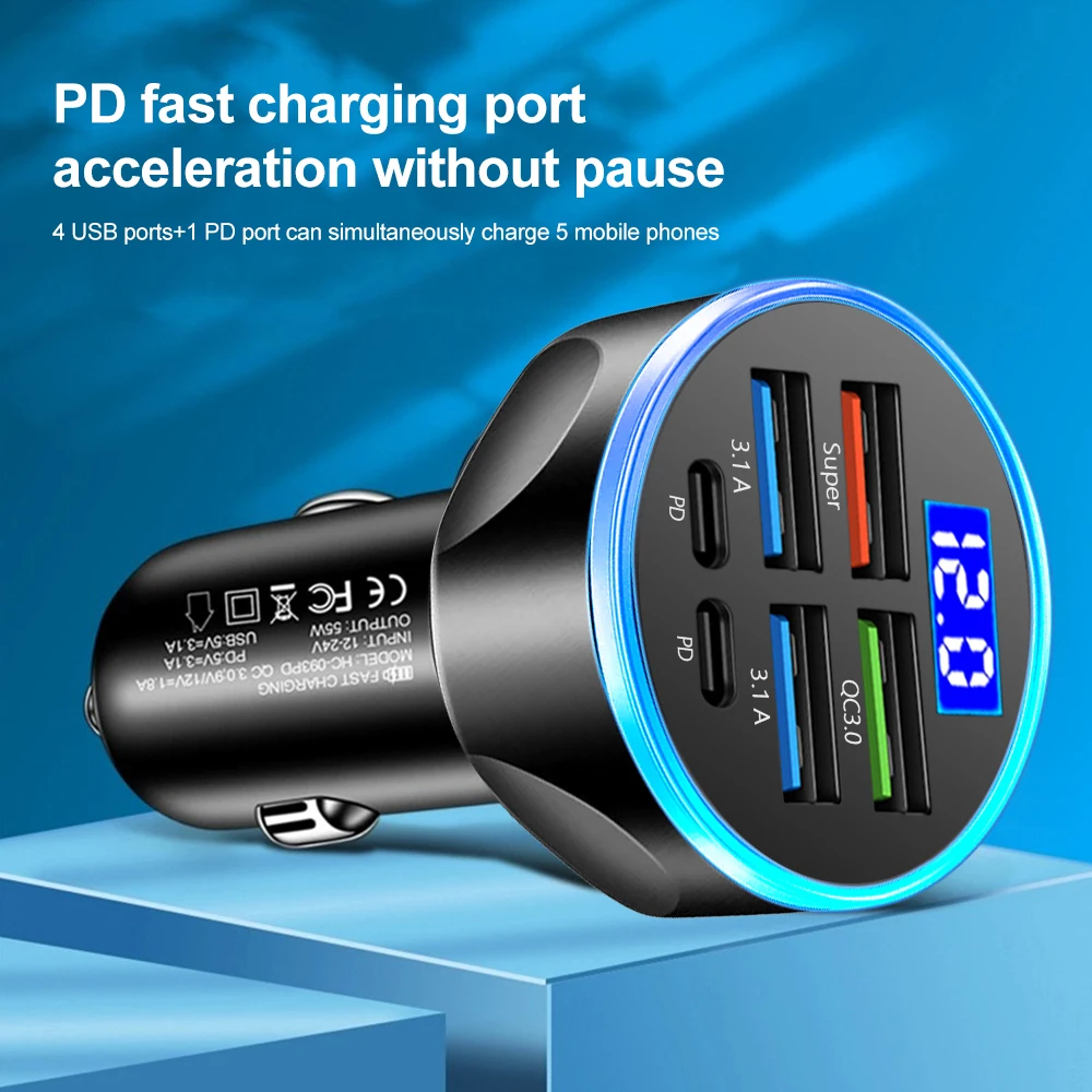 250W 6 พอร์ต Car Charger Fast CHARGING PD QC3.0 USB C รถชาร์จโทรศัพท์ประเภท C อะแดปเตอร์รถสําหรับ iPhone samsung Huawei Xiaomi