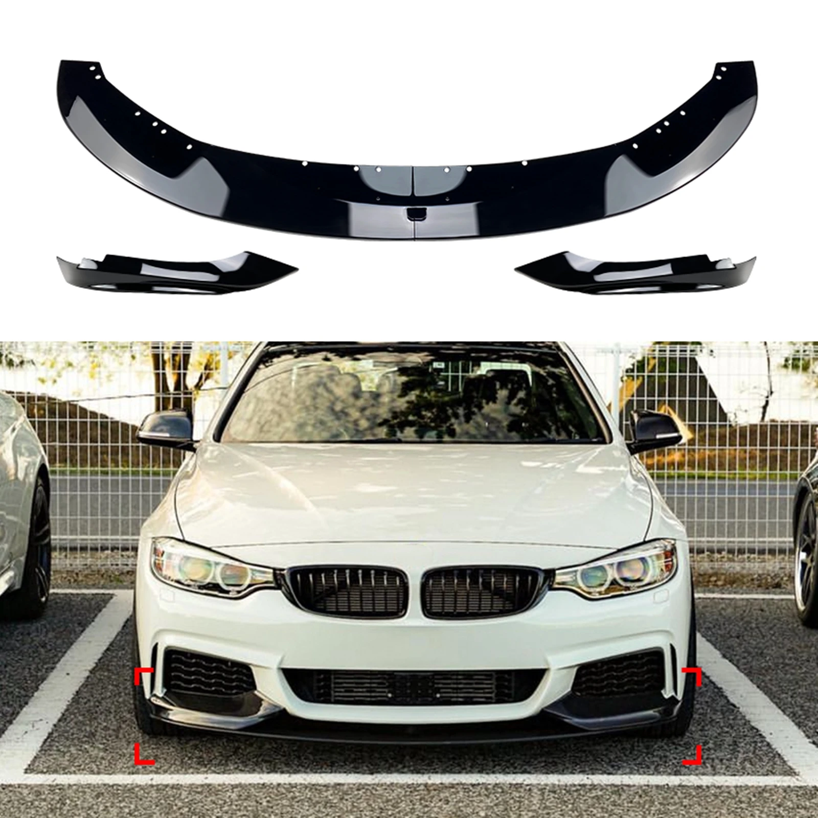 

For BMW 4 Series F32 F33 F36 420i 435i M Sport 2014-2020 Gloss Black/Carbon Fiber Look Front Bumper Spoiler Lip+Side Splitter