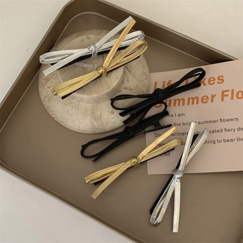 Leather Bow Hair Clips Korean Girl Solid Color Bowknot Duck Tongue Clips Simple Barrettes Sided Clip Fashion Hair Accessories