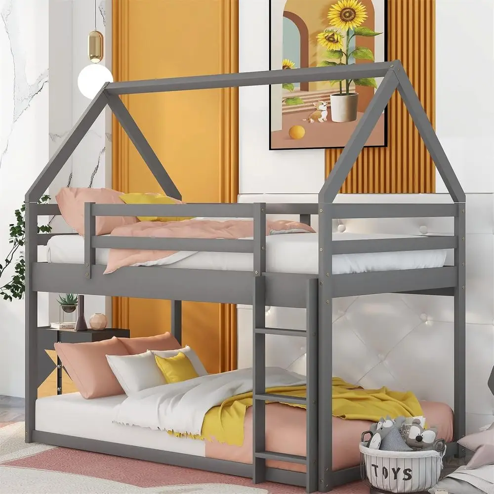 

Gray Twin Low Bunk Bed with Ladder, Guardrail, and Underbed Storage for Kids and Teens