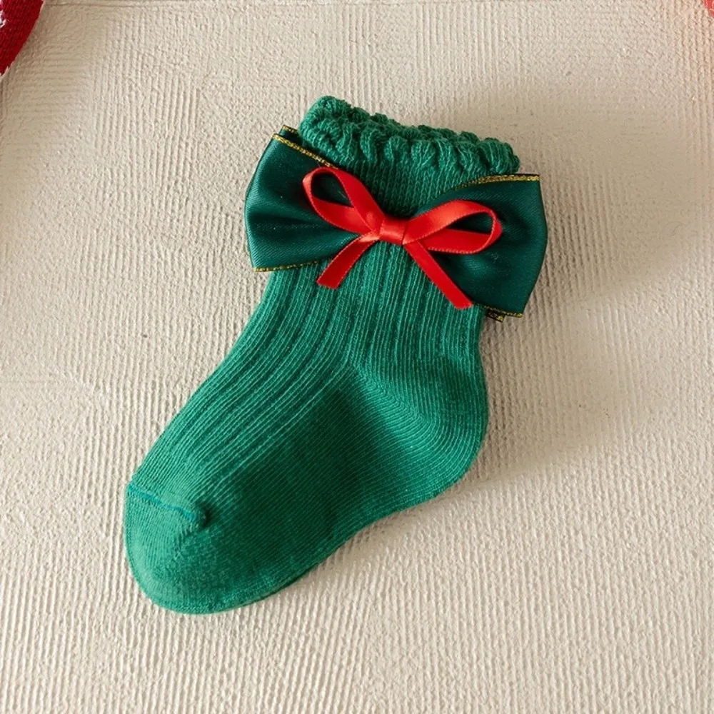 

New Bow Calf Sock Red Green Cotton Princess Socks Christmas Hosiery Kids