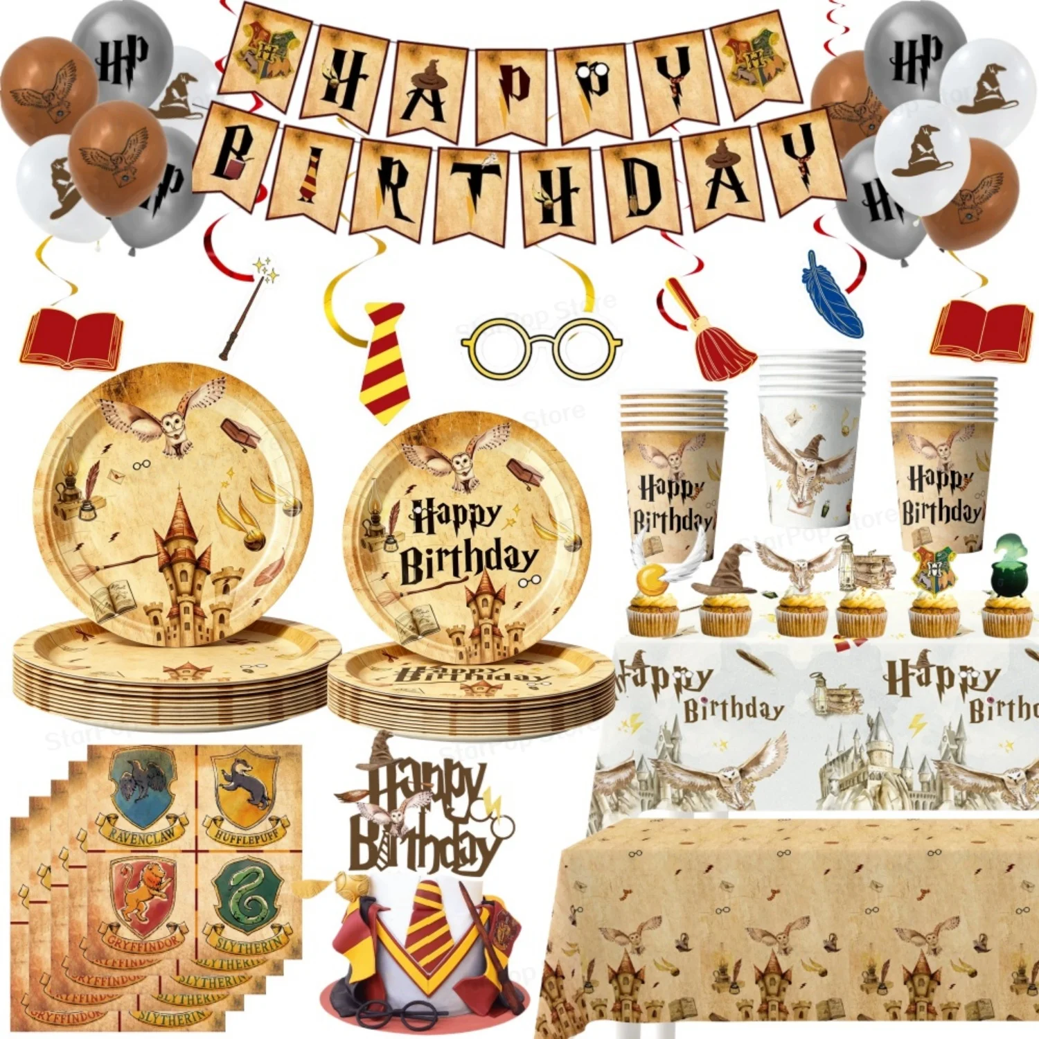 Vajilla Desechable Mágica de Harry Potter, Platos, Vasos, Servilletas y Mantel de Papel, Decoración para Fiestas de Cumpleaños con Temática de la Academia de Magia