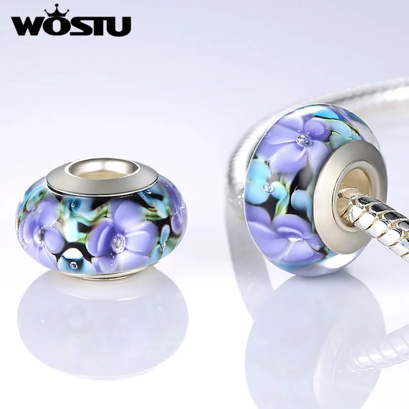 WOSTU Silver Plated Murano Glass Beads Crystal Flower Magical Round Charms Fit Original Bracelet Bangles DIY Jewelry Making 1Pcs