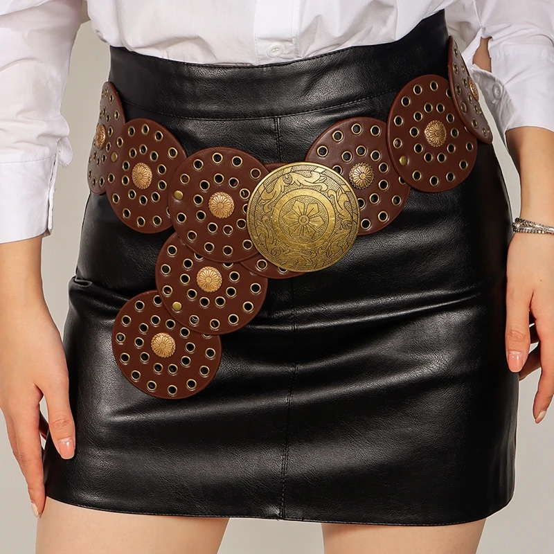 

115cm Women Disco Belt Vintage PU Leather Hollowed Wide Cinch Belt Lightweight Wide Belt for Dress Jeans Skirts Punk Streetwear