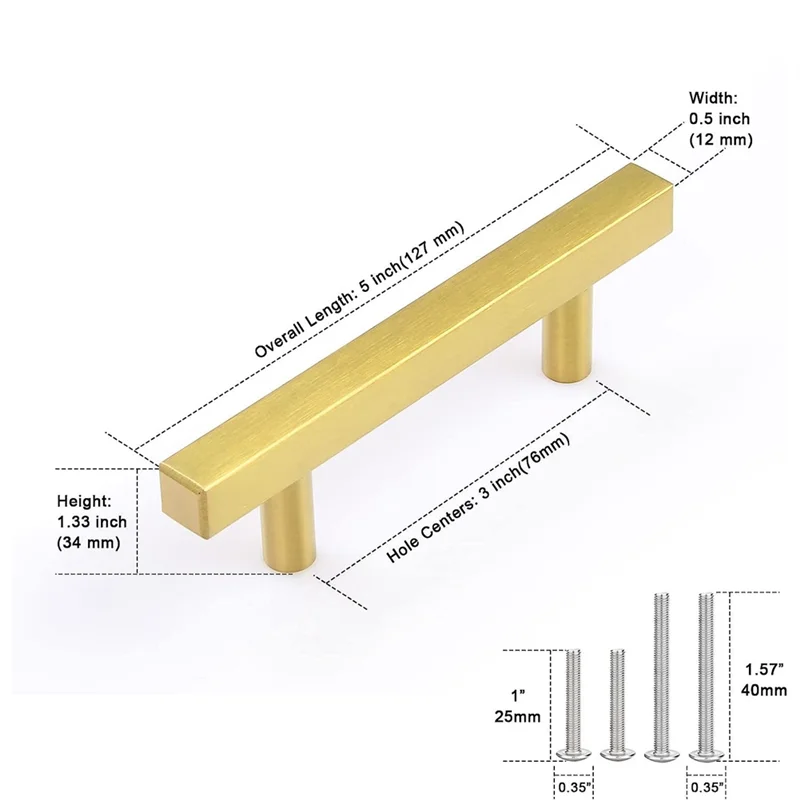 SHGO-30Piece puxadores de armário dourados de latão puxadores de gaveta quadrada puxadores de cômoda dourada para armários e gavetas, 5 tamanhos