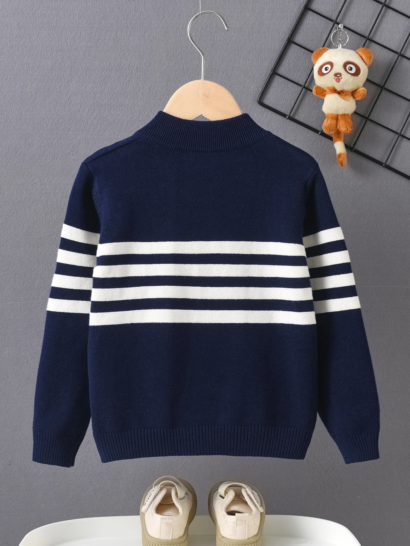 Boys' College Style Striped Small Stand Up Collar Sweater Cardigan Jacket Suitable for School in Spring, Autumn, and Winter