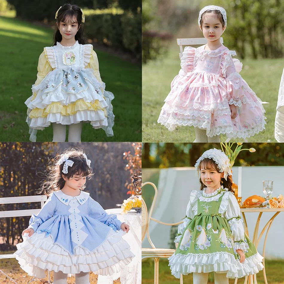 Kids Spring Autumn Lolita Dress Princess Long Sleeves Fancy Luxury Cute Costume Girls Floral Lace Vestido Toddler Birthday Gift