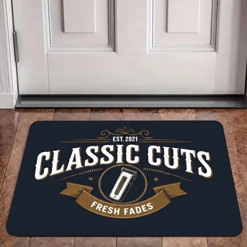 Gentleman Grooming Barber Doormat, Vintage Straight Razor Print Entry Mat, Salon Porch Decor