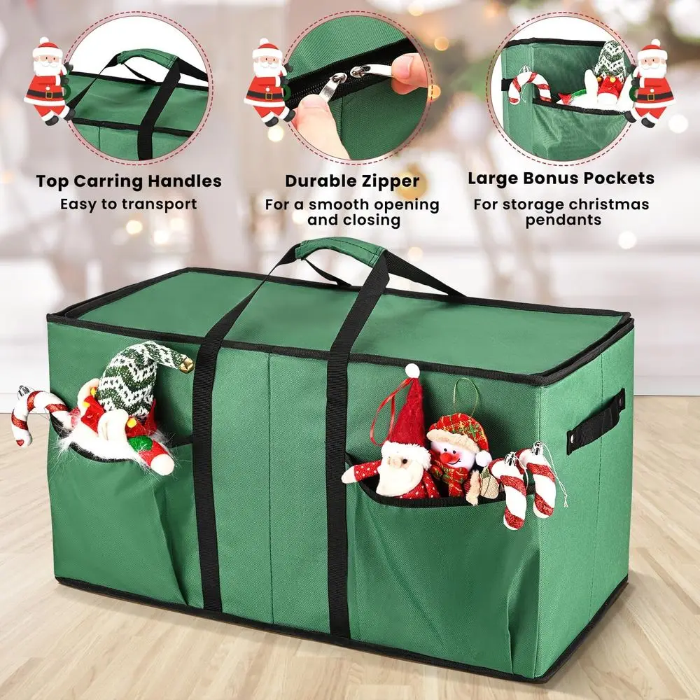 منظم زينة عيد الميلاد باللون الأخضر مكون من 8 صواني - يحمل 128 زينة، 3 بوصة، إغلاق بسحاب مزدوج، صندوق تخزين متين 600D