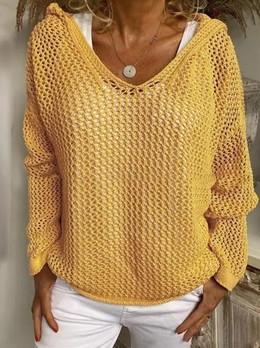 

Trendy and Personalized Solid Color Hollow Knitted Top, Women's Casual Vacation Beach Style Hooded Long Sleeved Hollow Top