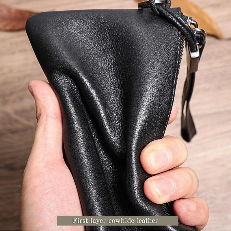 LUOKIR High Quality Men\'s Genuine Clutch Bag Casual Soft Cowhide Long Wallet Women Simple Slim Zipper Card Clip Coin Phone Bags