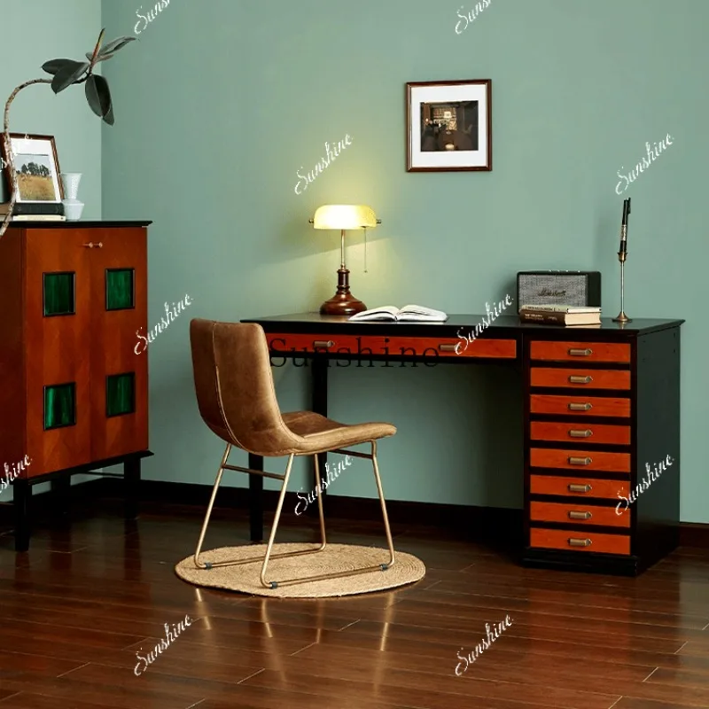 American simple solid wood retro design bedroom nostalgic color matching computer super long desk FT