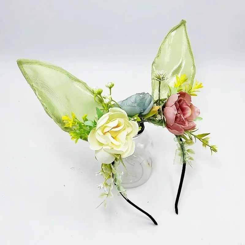 U4LE Duże króliczki Uszy Opaska do włosów Polichromowany kwiat Opaska do włosów Kobiece opaski Anime dla dzieci i młodzieży