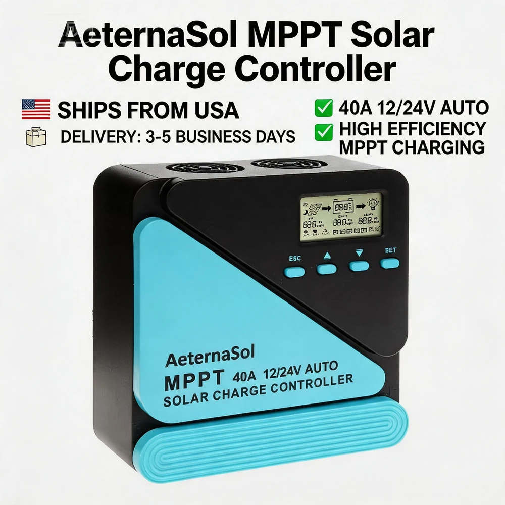 40A MPPT Solar Charge Controller 12V/24V Auto Identify Dual USB LCD Display Solar Panel Regulator for Lifepo4 Lead Acid Lithium Multiple Batteries