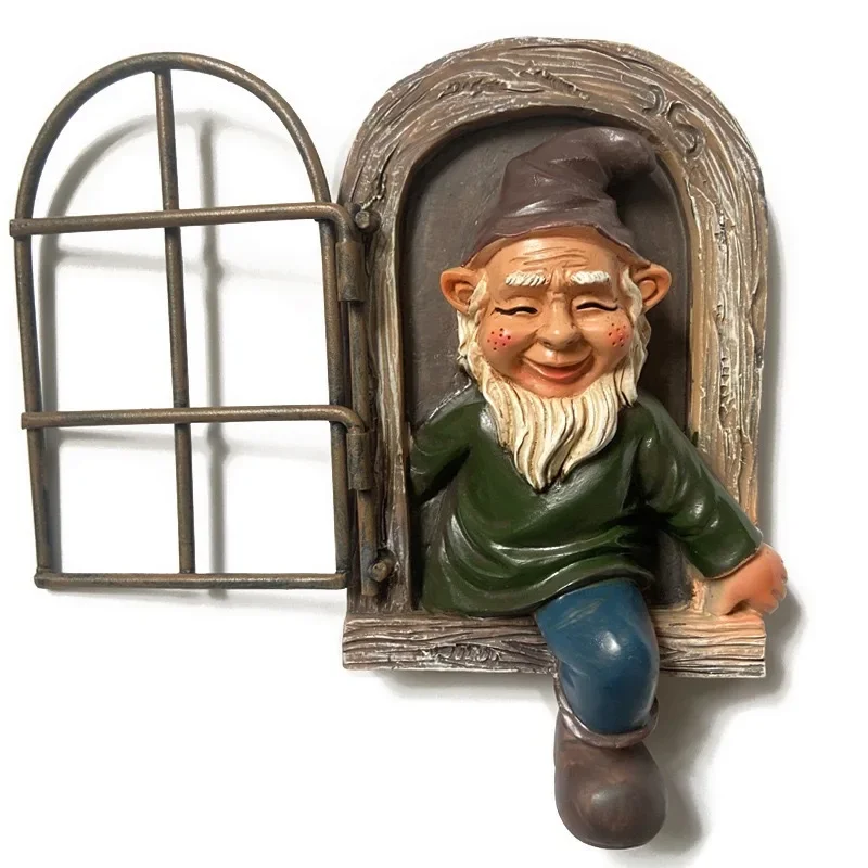 Resin Window Dwarf Cartoon Gnome Statue White Beard Old Man Garden Ornament Crafts
