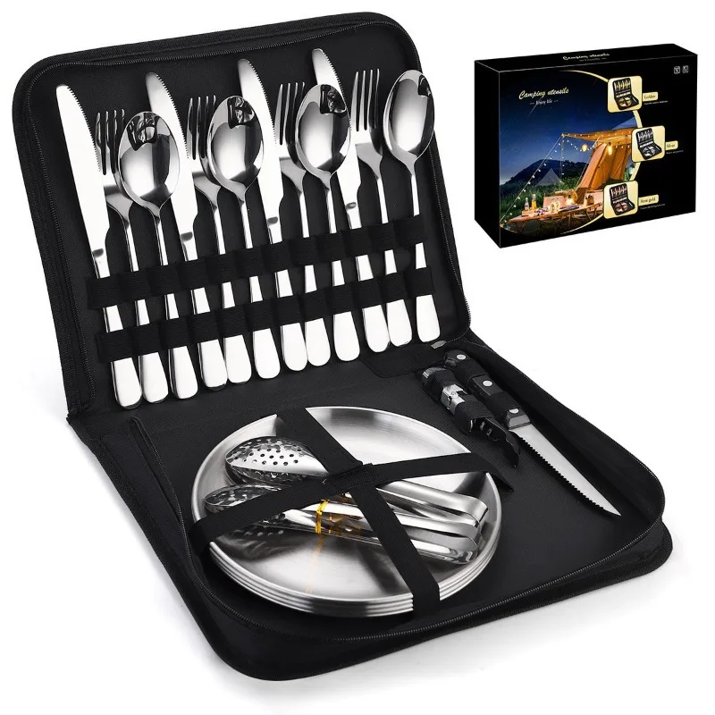 Outdoor Portable Stainless Steel Cutlery Set, Camping and Picnic Steak Knife, Fork, and Spoon Set