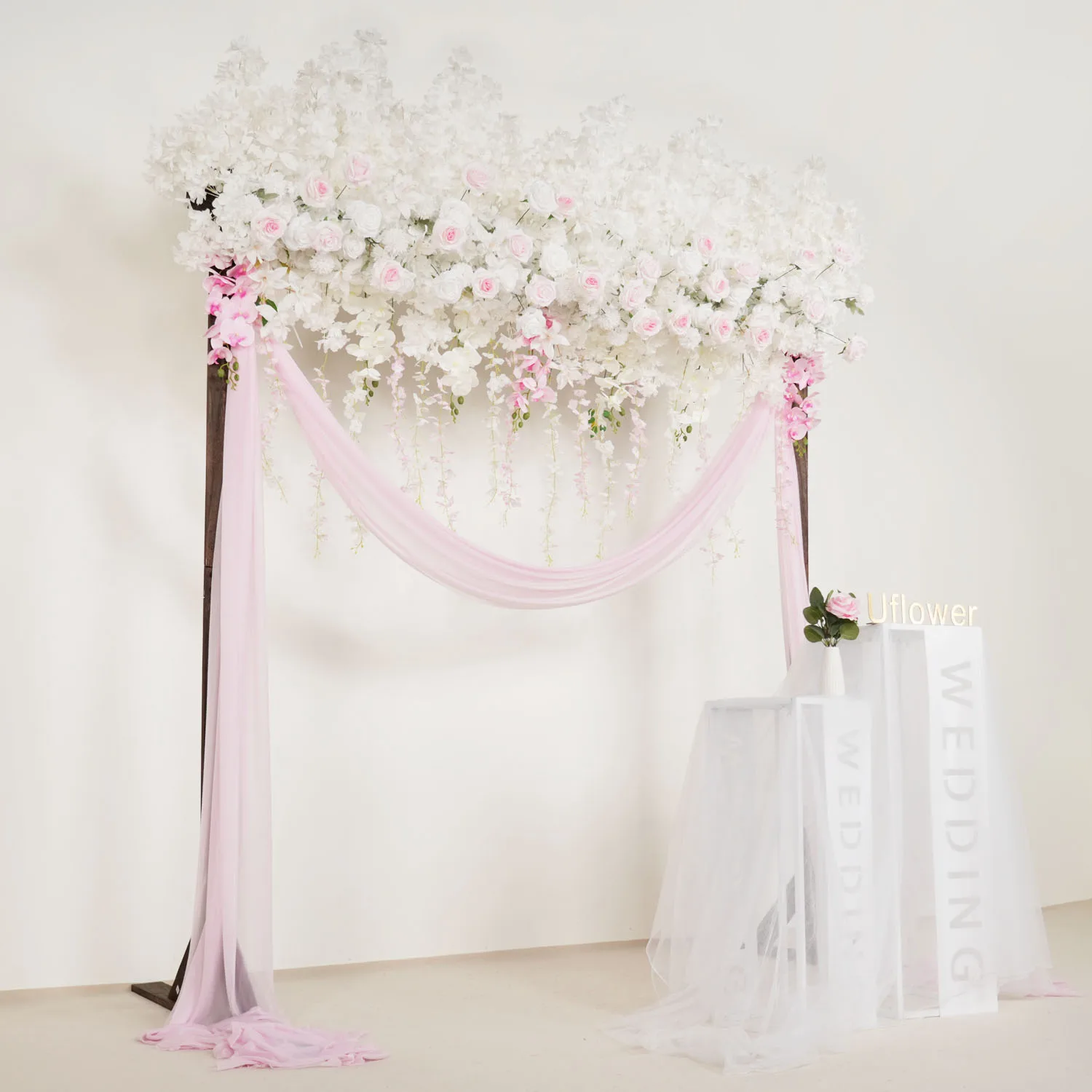 Uflower Luxury Pink White Rose Cherry Blossom Hang Wisteria Floral Arrangement Wedding Decoration Flowers Row Event Party Props