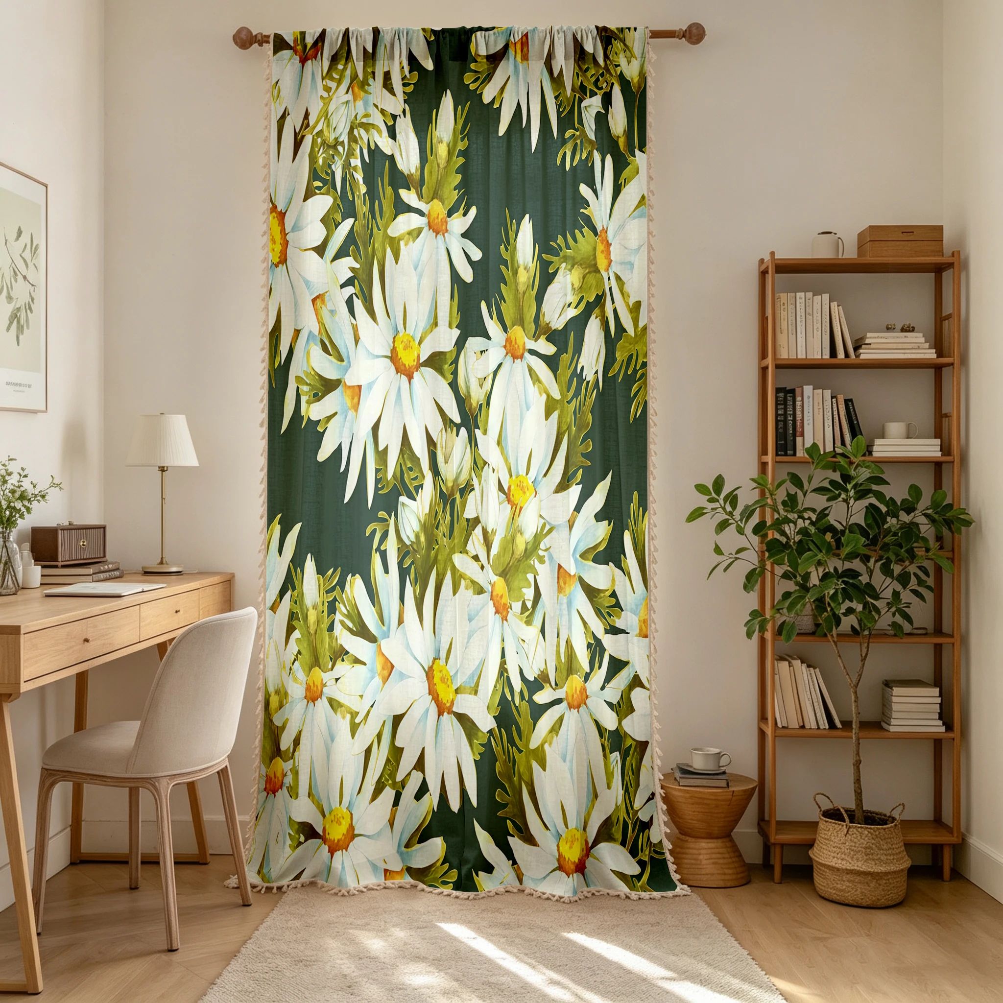 1PC Floral Tassel Sheer Curtains, Dark Green Daisy, Digital Print, Linen Polyester, Bedroom Living Room Kitchen, Home Decor