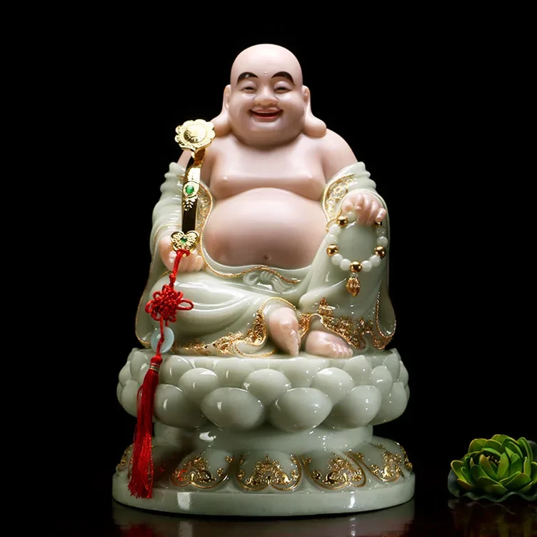 27cm LARGE- high-grade home shop TOP efficacious Talisman Mascot Maitreya smile Buddha  jade gilding carving Sculpture statue